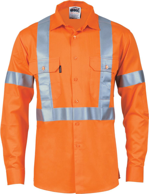 Picture of DNC Workwear Hi Vis Taped Day/Night Cotton Long Sleeve Shirt - Cross Back Generic Reflective Tape (3989)